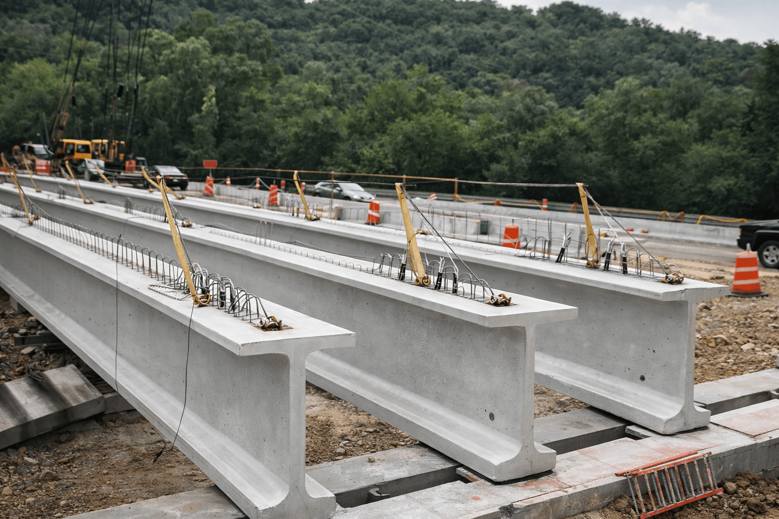 Prestressed concrete beams prepared for construction on site